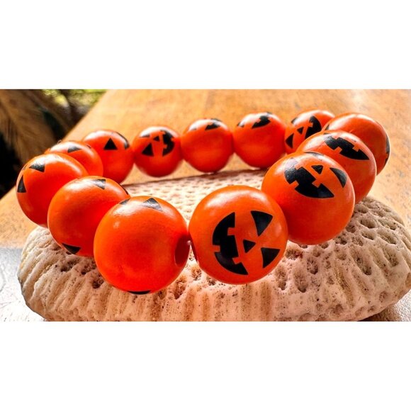 Jack O Lantern Halloween Stretch Bracelet New Wooden Beads Orange Festiv… - Picture 7 of 12